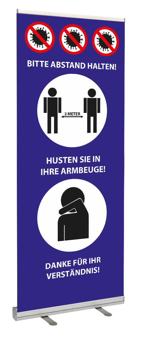 Corona-Roll-Up-Ansicht Roll-Up Classic mit fertigem Corona-Hinweise Druck und Tasche 85 x 200 cm