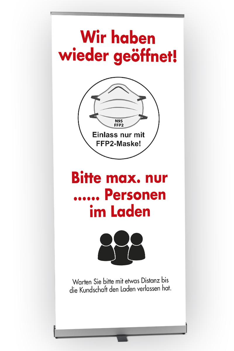 Rollup-Cube-mit-Corona-Hinweise-FFP2 Roll-Up Cube mit fertigem Corona-Hinweise FFP2 Druck und Tasche 85 x 200 cm