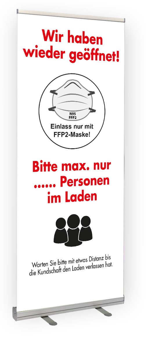 Rollup-Classic-mit-Corona-Hinweise-FFP2 Roll Up Classic mit fertigem Corona Hinweise FFP2 Druck und Tasche